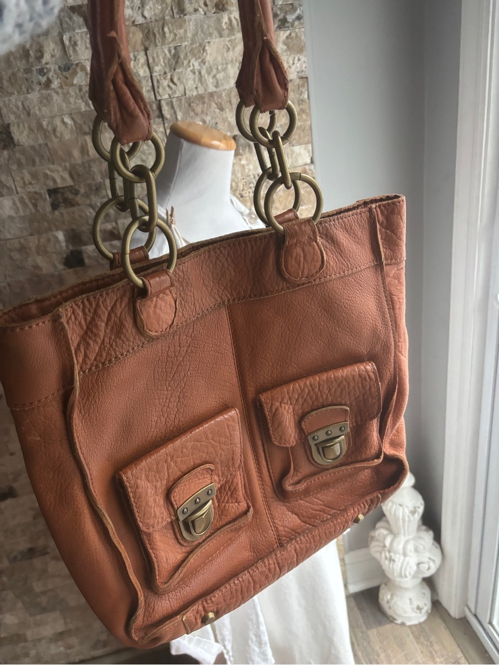 Linea Pelle Rustic Cognac Leather Shoulder Tote